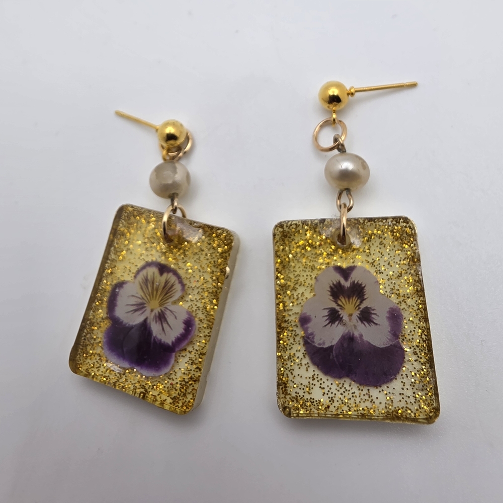 Gold and Purple Floral Resin Drop Earrings with Pearl Accent